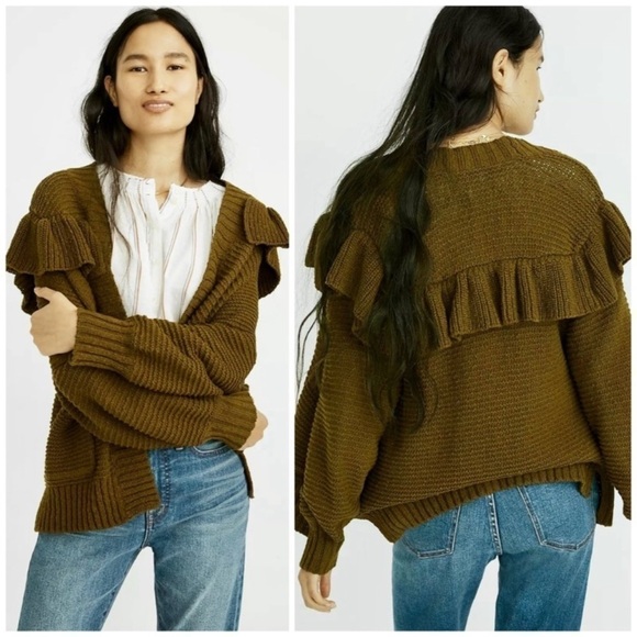 Madewell Ruffle Cardigan Sweater In Green - Picture 1 of 12
